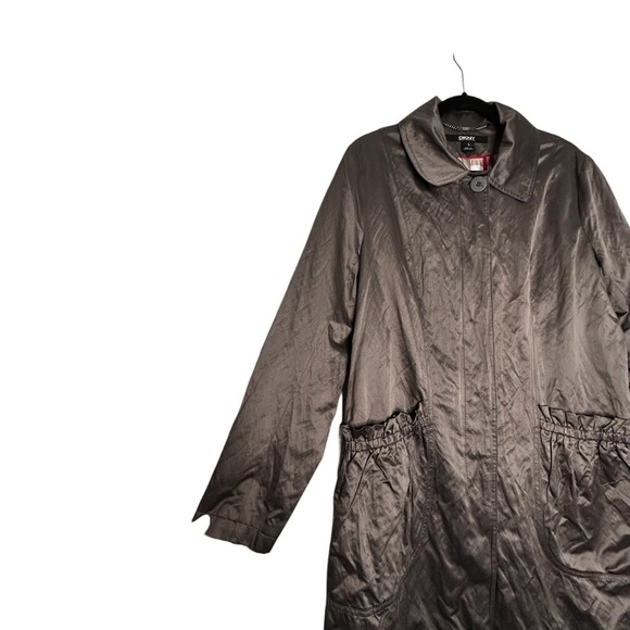 DKNY Brownish/Gray Metallic Sheen Lined Button Up Spring Weight Rain Coat Sz L - Picture 5 of 12
